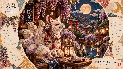 藤の夜に微笑む白き九尾