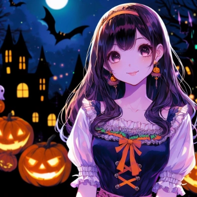 Halloween and anime-style illustration of a beautiful girl