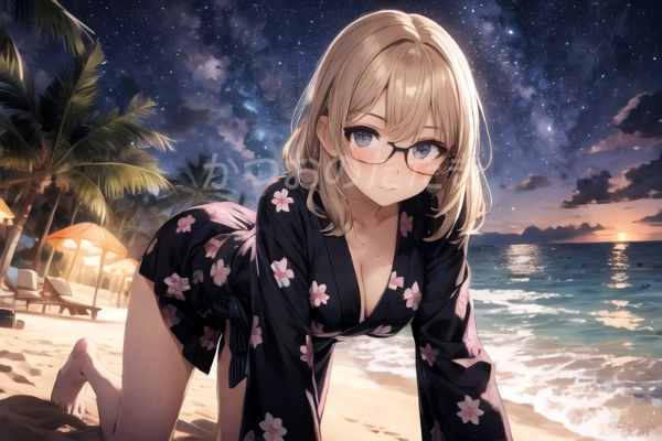 茶髪眼鏡の女の子と浴衣