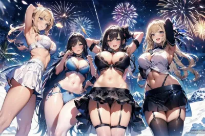 ４人ぼかし無し。雪山花火夜。