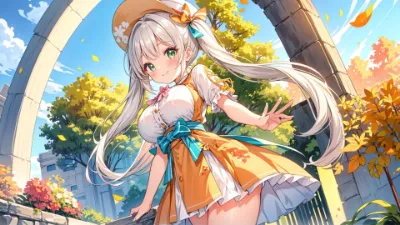 秋の石門で手を振る銀髪の少女