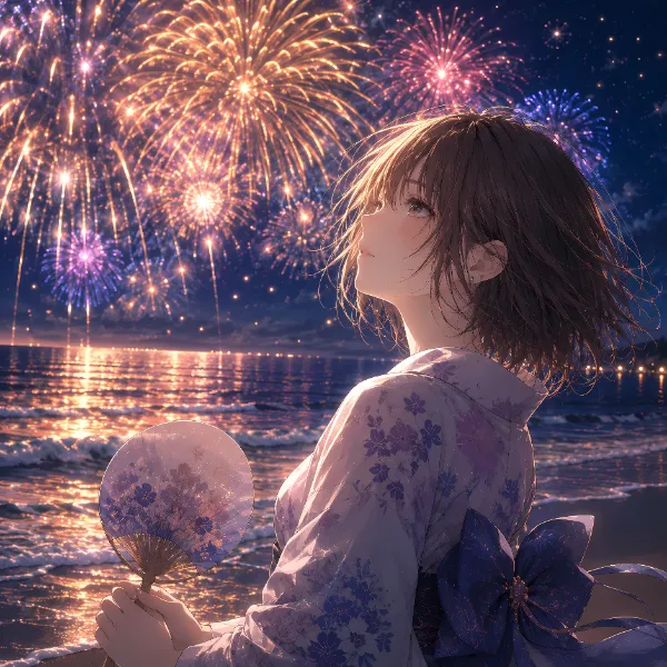 海辺の花火と浴衣の少女
