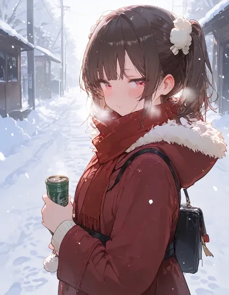雪の街路を歩く少女
