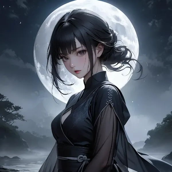 月下の黒髪美女