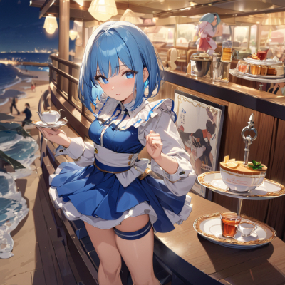 青髪のメイドウエイトレスさん