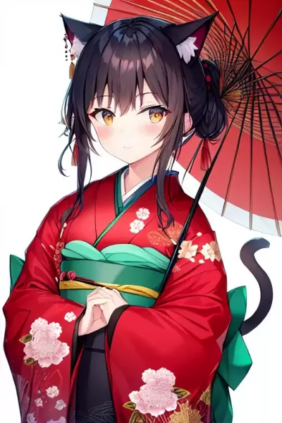 黒猫娘と赤い着物