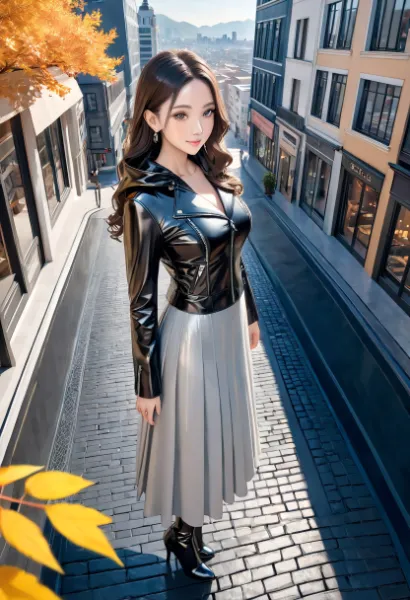 レザージャケットにロングスカート