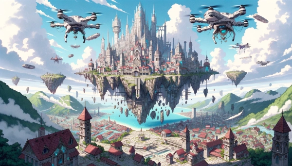 突然現れた要塞都市！回りのドローンが監視中