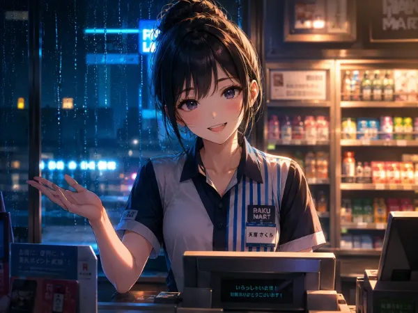 雨夜の微笑む店員少女