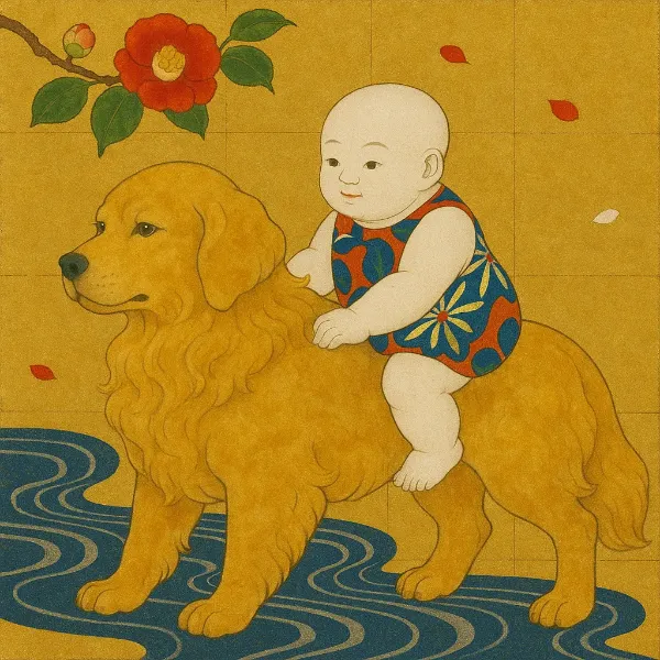 椿の庭で始まる赤ちゃんと犬の冒険