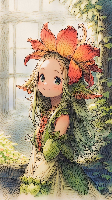 花を被る少女と古い窓の物語