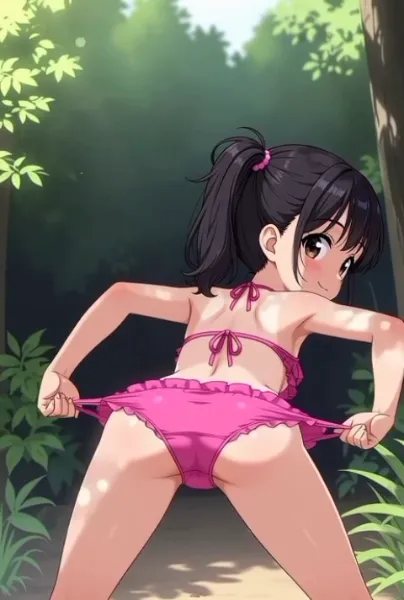 お尻フリフリ&おしっこを見せてくれるビキニろりっ娘
