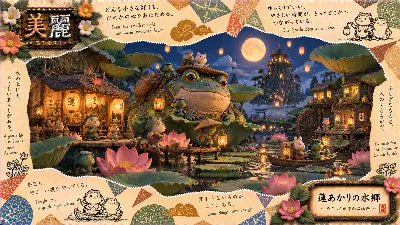 月夜の蓮灯りと大ガマの優しい旅