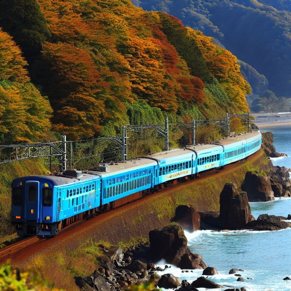 秋の海岸を走るブルーの列車