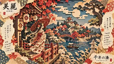 紅葉舞う千年湊、赤い傘の少女が渡る