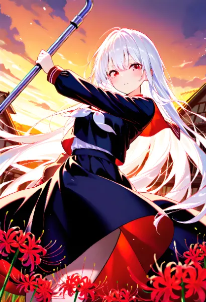 夕焼けの白髪少女