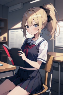 勉強のため本を読んでいる金髪美少女