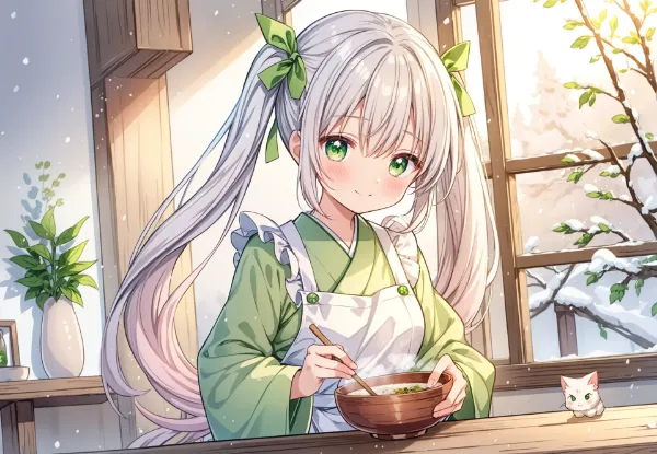 雪の朝に温まる少女の朝食