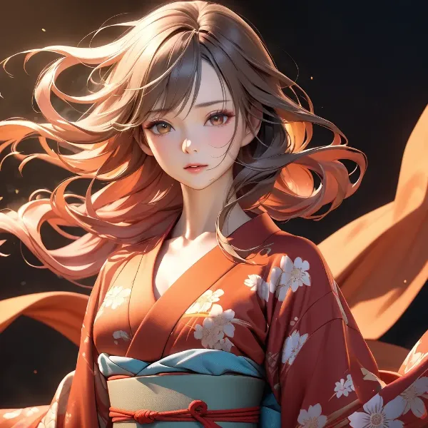 風に舞う橙色の着物少女