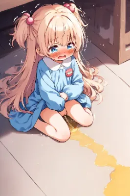 スモック姿の金髪少女がおもらし