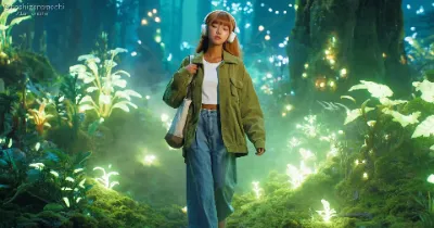 神秘の光が灯る魔法の森｜ヘッドホンで音楽に没頭しながら歩くカジュアル女子の幻想的なネイチャーファンタジー