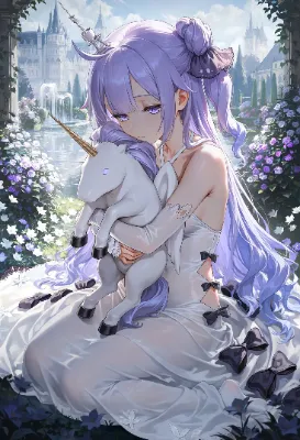 庭園でユーちゃんを抱きかかえるユニコーンちゃん