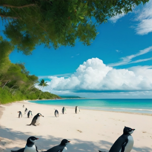 青い空、白い雲、青い海、白い砂浜、ビーチでの休暇、リラックス、オープン、穏やか、のんびり、ペンギン 猫