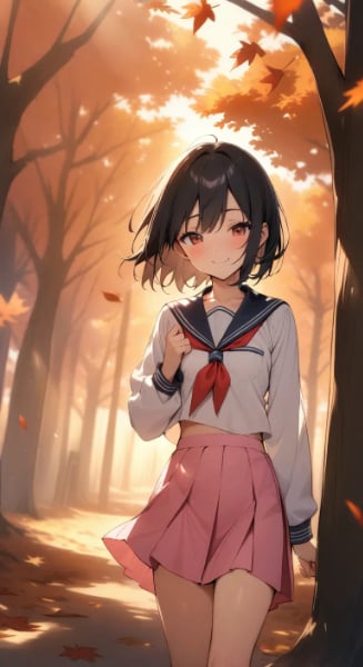 紅葉とセーラー服少女