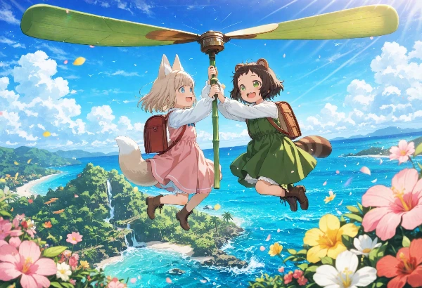 コン子とポン子・大きな竹とんぼで島を探検