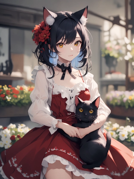 cat ear girl and black cat