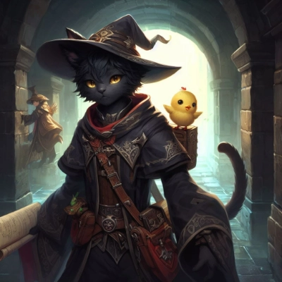 頭の上に小さなヒヨコが乗っかっている黒猫の顔の魔導士のキャラクターがダンジョン内を探索する重厚なファンタジーのイラスト