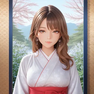 桜の窓辺に立つ白装の少女