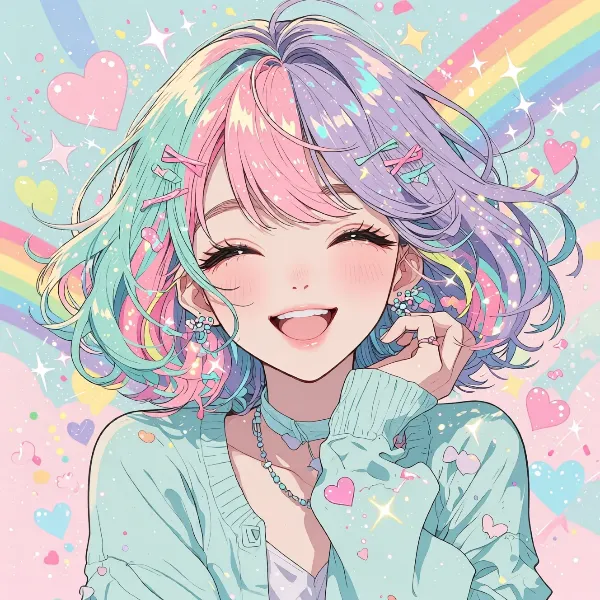 虹色の髪が輝く少女の魔法の瞬間