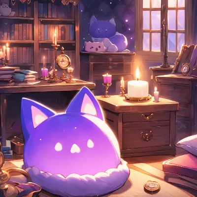 魔法の灯りに包まれる猫