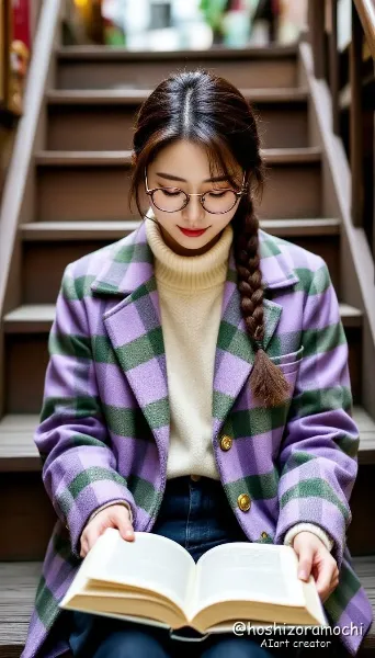 ラベンダー・チェック、古書店の階段 - Lavender Check, Antique Bookstore Stairs