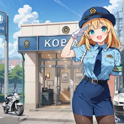笑顔の女性警察官と交番