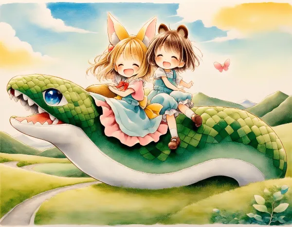 コン子とポン子・大きなヘビさんと遊んだ