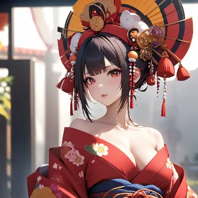 華やかな赤い着物の美女