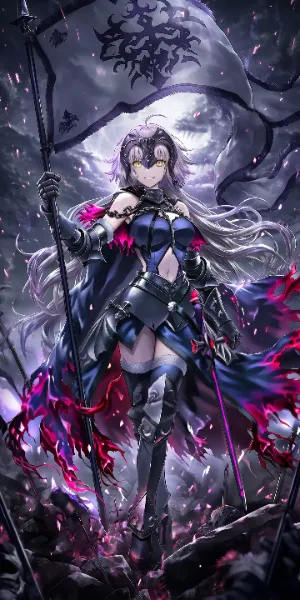 瓦礫の上で旗を持って微笑んでいるジャンヌオルタ