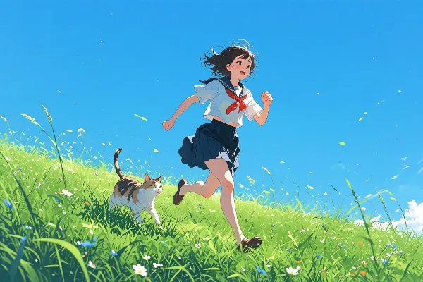 草原を駆け抜ける少女と猫の絆