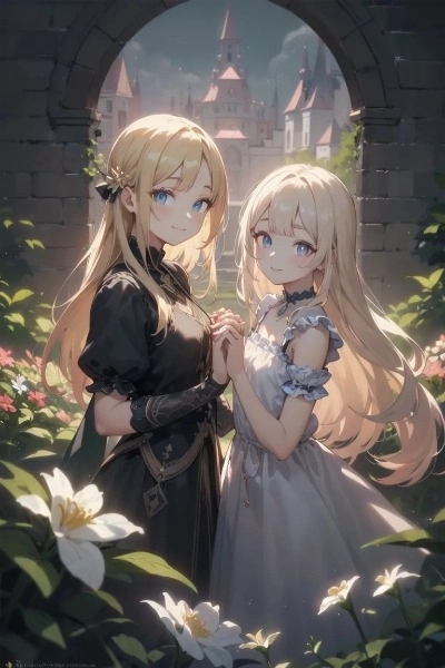 庭園に佇む金色の髪の姉妹