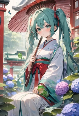 紫陽花と和傘の少女