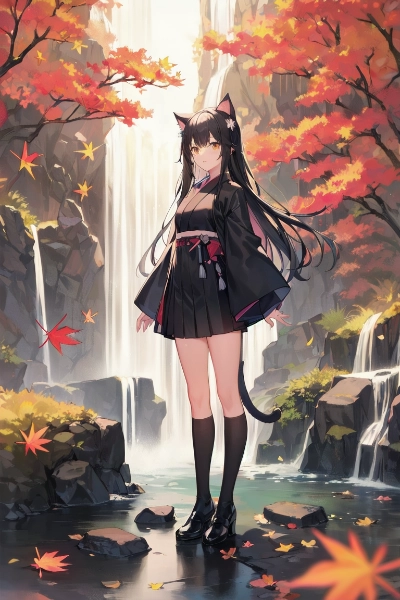 私と滝（紅葉）