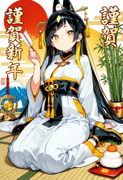 新春の狐耳巫女(背景が派手め)