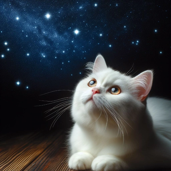 夜空を見上げて、星を数え、願い事をする白猫