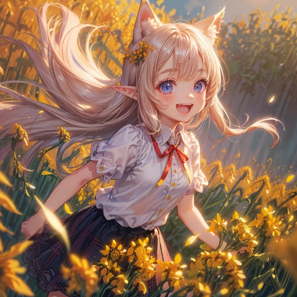 思い出の場所ではしゃぐケモ耳エルフさん