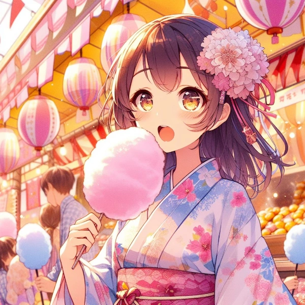 お祭りでわたアメ買い食いする女の子