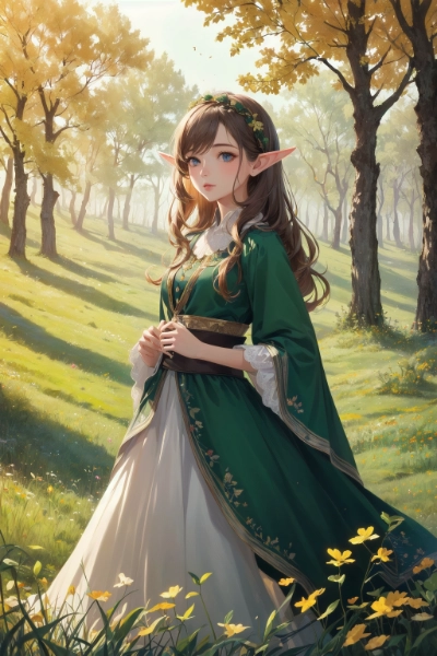 1girl elf meadow forest autumn outdoors detailed background