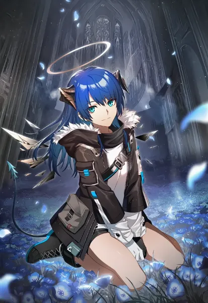 両手を前にしてV字に座っているアークナイツのモスティマ