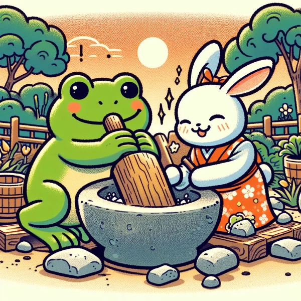 餅をつく兎と蛙